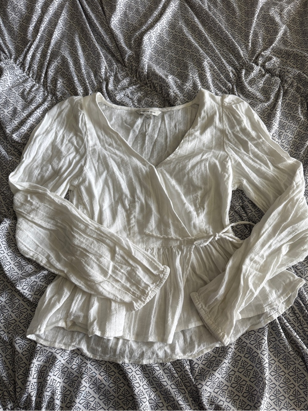 American Eagle Outfitters White Long Sleeve Wrap Peplum Top, tie waist, S